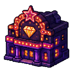 A bright jewel-topped house beneath the Lucky Paw sign