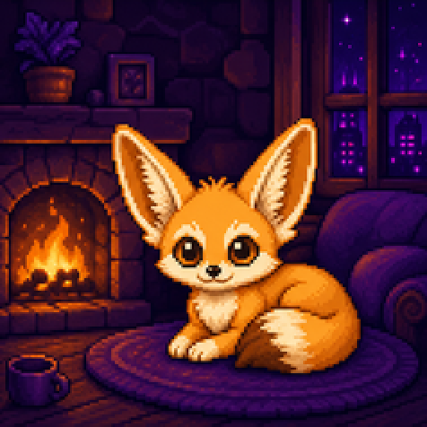 A fennec resting beside a fire in a quiet room