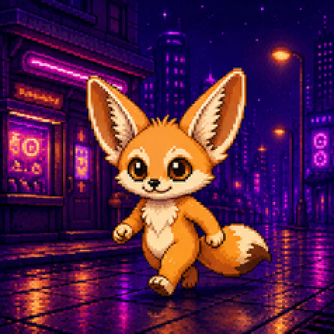 A fennec walking through a neon street